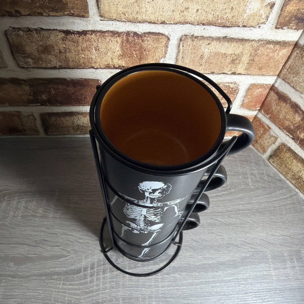 Stackable Skeleton Black Ceramic Coffee Mug Set of 4, 16 fl oz Halloween - Picture 6 of 8